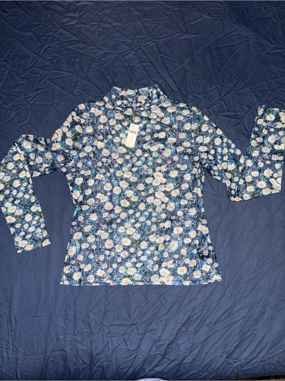 Anthropologie Navy Blue Floral Daisy Mock Neck Top
